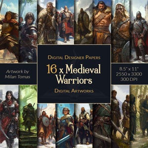Medieval Warriors Digital Artworks Pack | Set of 16 Digital Papers | Scrapbook Paper | Junk Journals | DIY Crafts
