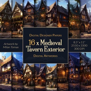 Pacchetto di opere d'arte digitali esterne di una taverna fantasy medievale / Set di 16 carte digitali / Carta per scrapbooking / Diari spazzatura / Artigianato fai da te