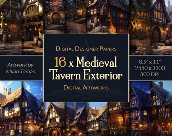 Medieval Tavern Exterior Digital Paper Pack: Fantasy Scrapbook Art (Digital Download)