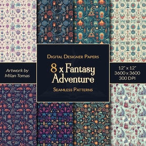 Pacote de Padrões de Aventura e Fantasia | Conjunto de 8 Papéis Digitais | Papel para Scrapbook | Diários de Sucata | Artesanato DIY