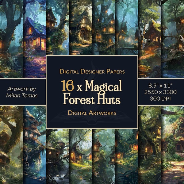 Magical Forest Huts Digital Artworks Pack | Set of 16 Digital Papers | Scrapbook Paper | Junk Journals | DIY Crafts
