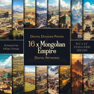 May include: A digital paper pack featuring 16 images of a Mongolian Empire theme. The images are 8.5 inches by 11 inches and 300 DPI. The images feature a variety of scenes, including buildings, landscapes, and people. Artwork by Milan Tomas.