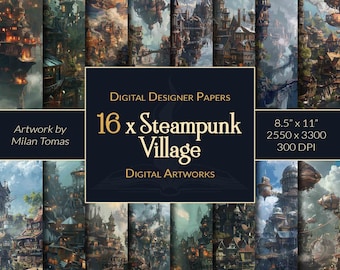 Steampunk Village Digital Papers: Scrapbook & Junk Journal Art (Set med 16) (Digital nedladdning)