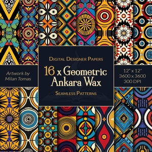 Zestaw geometrycznych wzorów woskowych Ankara bezszwowe | Zestaw 16 papierów cyfrowych | Papier do scrapbookingu | Dzienniki śmieci | Rękodzieło DIY