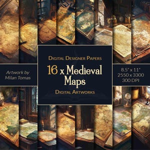 Paquete de ilustraciones digitales de mapas medievales / Juego de 16 papeles digitales / Papel para álbumes de recortes / Diarios basura / Manualidades DIY