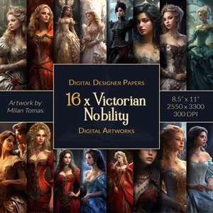 Pacchetto di opere d'arte digitali della nobiltà vittoriana / Set di 16 documenti digitali / Carta per album / Diari spazzatura / Artigianato fai-da-te