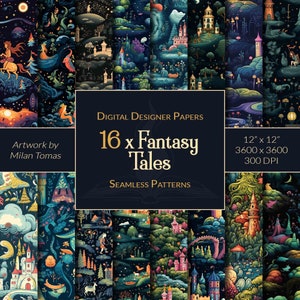 May include: A set of 16 digital fantasy themed seamless patterns. The patterns feature castles, forests, and other magical elements in a dark blue and green color scheme. The text "16 x Fantasy Tales" is displayed in a gold font on a black background.