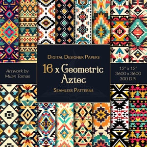 Zestaw geometrycznych wzorów Azteków bezszwowe | Zestaw 16 papierów cyfrowych | Papier do scrapbookingu | Dzienniki śmieci | Rękodzieło DIY