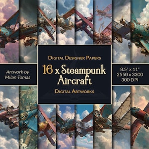 Steampunk Aircraft Digital Artworks Pack | Set of 16 Digital Papers | Scrapbook Paper | Junk Journals | DIY Crafts