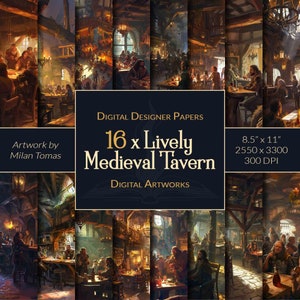 Lively Medieval Tavern Digital Artworks Pack | Set of 16 Digital Papers | Scrapbook Paper | Junk Journals | DIY Crafts
