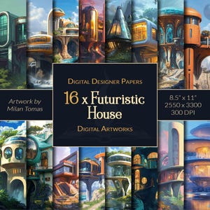 Könnte beinhalten: Ein digitales Papierpaket mit 16 Bildern von futuristischen Häusern. Die Häuser sind in verschiedenen Stilen gerendert, mit schlanken Linien und modernen Designs. Die Bilder eignen sich perfekt für den Einsatz in digitalem Scrapbooking, Kartenherstellung und anderen kreativen Projekten. Jedes Bild ist 8,5 Zoll mal 11 Zoll groß und hat eine Auflösung von 2550 x 3300 Pixel bei 300 DPI.