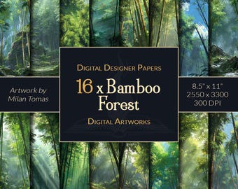 May include: Digital designer papers featuring 16 bamboo forest images. The artwork by Milan Tomas includes images of bamboo forests with sunlight streaming through the trees. The papers are 8.5" x 11" and 2550 x 3300 pixels at 300 DPI.