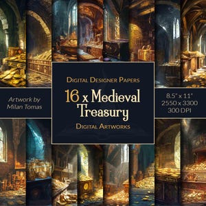 Pacchetto di opere d'arte digitali Medieval Treasury / Set di 16 carte digitali / Carta per scrapbooking / Diari di scarto / Artigianato fai da te