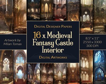 Medieval Fantasy Castle Interior Digital Artworks Pack | Set of 16 Digital Papers | Scrapbook Paper | Junk Journals | DIY Crafts