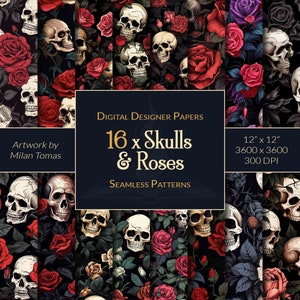 Skulls & Roses Musterpackung | Set von 16 Digitalen Papiere | Scrapbook Papier | Junk Journals | DIY Kunsthandwerk