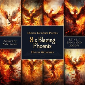 Blazing Phoenix digitale kunstwerken Pack | Set van 8 digitale papieren | Plakboekpapier | Ongewenste tijdschriften | Doe-het-zelf-ambachten