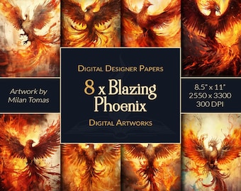 Blazing Phoenix Digital Artworks Pack | Set of 8 Digital Papers | Scrapbook Paper | Junk Journals | DIY Crafts