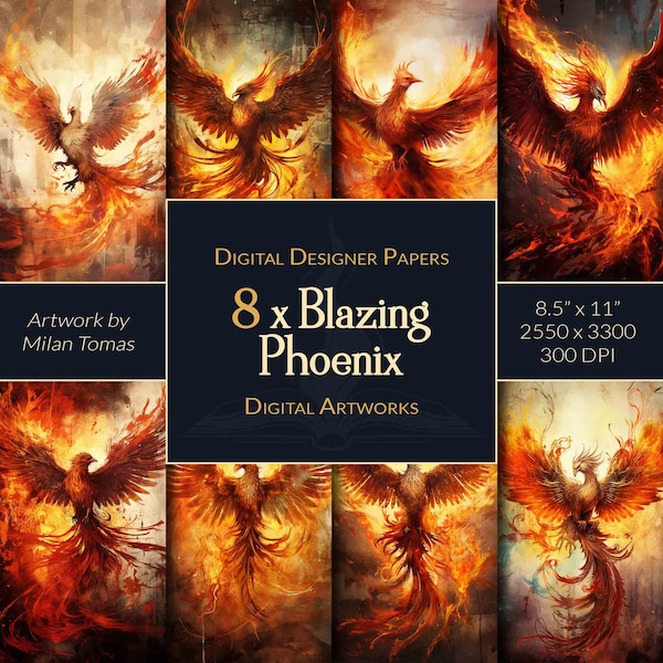 Blazing Phoenix Digital Artworks Pack | Set of 8 Digital Papers | Scrapbook Paper | Junk Journals | DIY Crafts