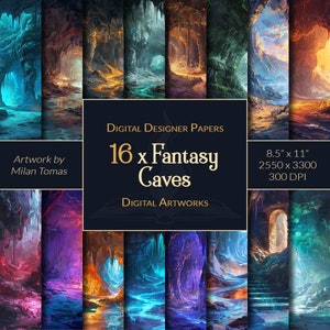 Puede incluir: Una colección de arte digital de 16 imágenes de cuevas de fantasía. Las imágenes presentan una variedad de colores, incluyendo azul, verde, morado y naranja. Las cuevas son todas de diferentes formas y tamaños, y algunas tienen cascadas, ríos y otras características naturales. El texto "16 x Fantasy Caves" se muestra en el centro de la imagen.