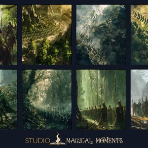 May include: A digital painting of a large army marching through a lush green forest. The soldiers are wearing dark green armor and carrying spears. The forest is dense and overgrown with trees and vines. The sky is a bright blue with white clouds. The painting is a fantasy scene that evokes a sense of power and grandeur.