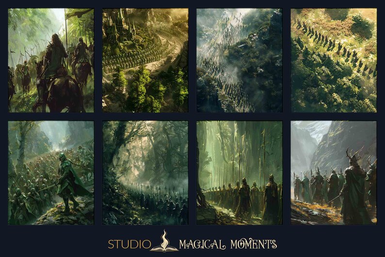 May include: A digital painting of a large army marching through a lush green forest. The soldiers are wearing dark green armor and carrying spears. The forest is dense and overgrown with trees and vines. The sky is a bright blue with white clouds. The painting is a fantasy scene that evokes a sense of power and grandeur.