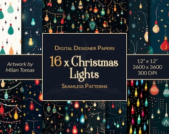 Christmas Lights Seamless Patterns Pack | Set of 16 Digital Papers | Scrapbook Paper | Junk Journals | DIY Crafts