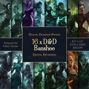 Pacote de artes digitais D&D Banshee | Conjunto de 16 papéis digitais | Papel para álbum de recortes | Diários indesejados | Artesanato faça você mesmo
