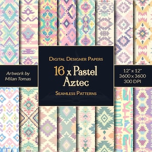 Peut inclure: Un ensemble de 16 papiers numériques avec des motifs aztèques pastel. Les motifs sont sans couture et se déclinent dans une variété de couleurs, notamment le rose, le bleu, le vert et le jaune. Les papiers mesurent 30,48 cm sur 30,48 cm et 300 DPI.