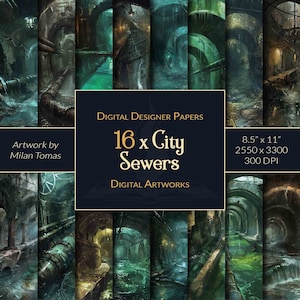Puede incluir: Un paquete de papel digital con 16 imágenes de alcantarillas de ciudad oscuras y de mal humor con agua verde, paredes de ladrillo y tuberías. El texto "16 x City Sewers" se muestra en una fuente dorada sobre un fondo azul oscuro. Las imágenes son de 8,5 pulgadas por 11 pulgadas y 300 DPI.
