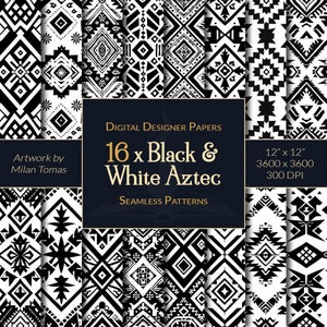 May include: 16 black and white Aztec seamless patterns, digital designer papers, 12 inches by 12 inches, 3600 pixels by 3600 pixels, 300 DPI, artwork by Milan Tomas