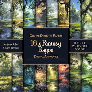 Pack d'oeuvres d'art numériques Fantasy Bayou | Ensemble de 16 papiers numériques | Papier pour scrapbooking | Journaux indésirables | Bricolage