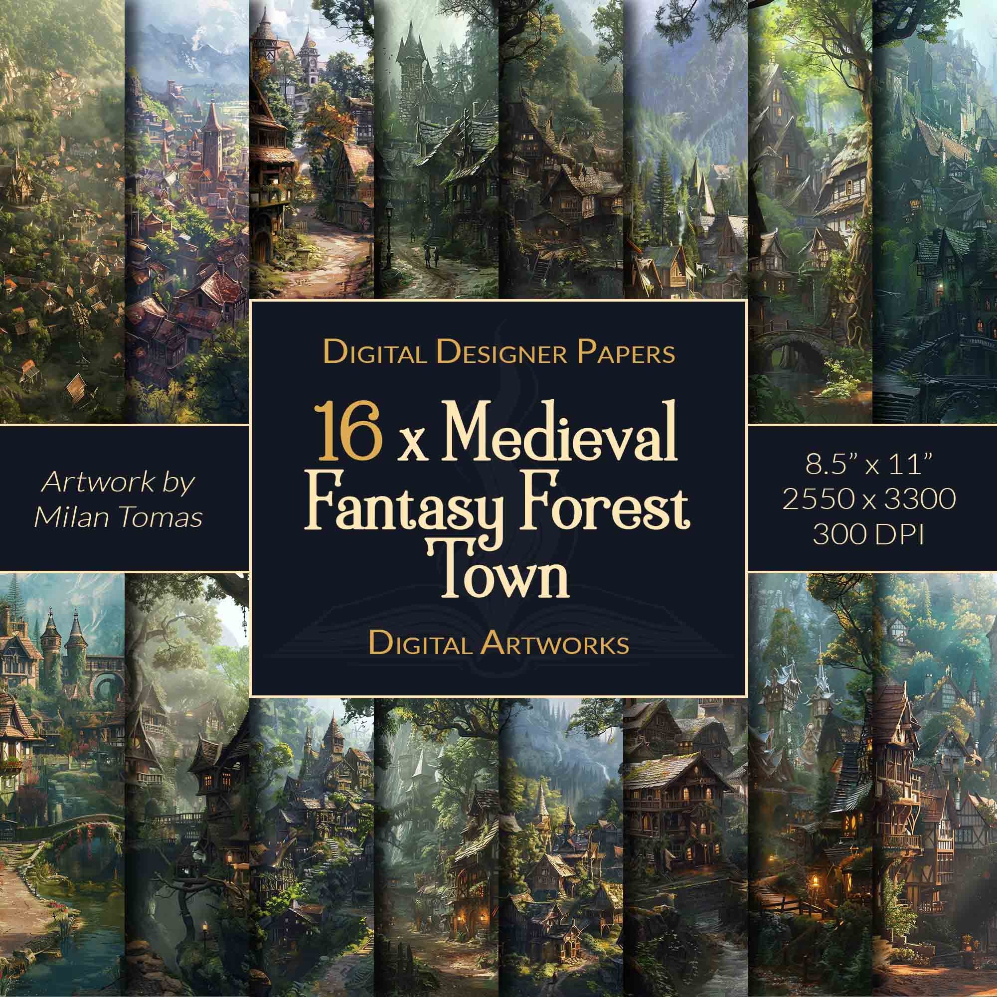 Medieval Fantasy Forest Town Digital Artworks Pack | Set of 16 Digital Papers | Scrapbook Paper | Junk Journals | DIY Crafts