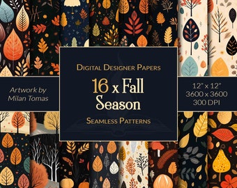 Fall Season Seamless Patterns Pack | Set of 16 Digital Papers | Scrapbook Paper | Junk Journals | DIY Crafts