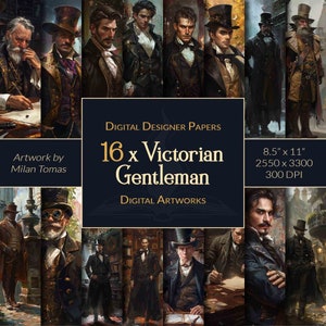 Victoriaans herenpakket met digitale kunstwerken | Set van 16 digitale papieren | Plakboekpapier | Ongewenste tijdschriften | DIY-knutsels