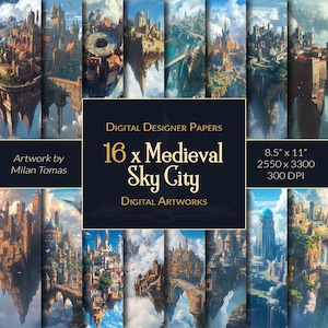 Pacchetto di opere d'arte digitali Medieval Sky City / Set di 16 carte digitali / Carta per scrapbooking / Diari spazzatura / Artigianato fai da te