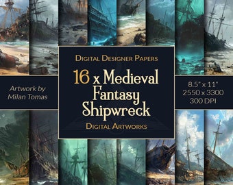 Medieval Shipwreck Digital Paper: Fantasy Art, Scrapbook, Junk Journal (Digital Download)