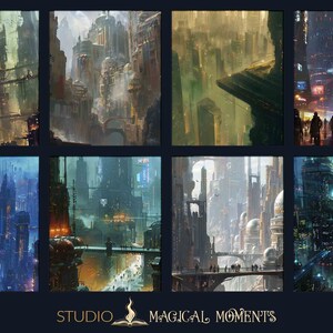 May include: A digital art collage of eight different futuristic cityscapes. The images are in a grid format and feature a variety of architectural styles, including towering skyscrapers, bridges, and flying vehicles. The color palette is mostly muted, with shades of gray, brown, and blue.