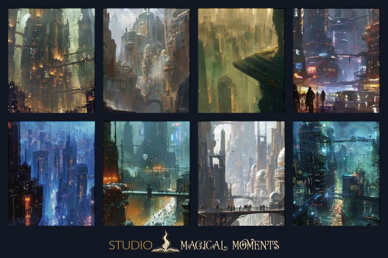 May include: A digital art collage of eight different futuristic cityscapes. The images are in a grid format and feature a variety of architectural styles, including towering skyscrapers, bridges, and flying vehicles. The color palette is mostly muted, with shades of gray, brown, and blue.
