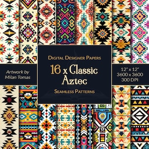 Classic Aztec Seamless Patterns Pack | Set of 16 Digital Papers | Scrapbook Paper | Junk Journals | DIY Crafts