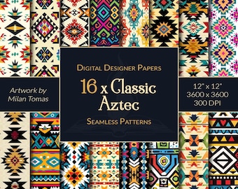 May include: A set of 16 digital papers featuring classic Aztec patterns in vibrant colours. The patterns are seamless and can be used for a variety of projects, such as scrapbooking, card making, and digital design. Each paper is 12 inches by 12 inches and 300 DPI.