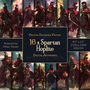 Pack d'oeuvres d'art numériques Hoplite spartiate | Ensemble de 16 papiers numériques | Papier pour scrapbooking | Journaux indésirables | Bricolage