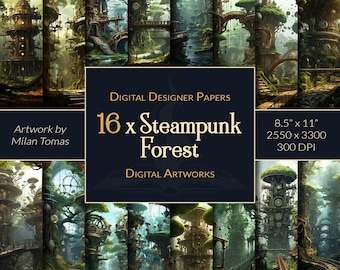 Steampunkskogens digitala konstverk: Scrapbook-papperspaket (digital nedladdning)