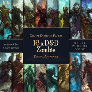 Pacote de artes digitais D&D Zombie | Conjunto de 16 papéis digitais | Papel para álbum de recortes | Diários indesejados | Artesanato faça você mesmo