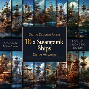Steampunk Ships Digital Artworks Pack | Set von 16 Digitalen Papiere | Scrapbook Papier | Junk Journals | DIY Kunsthandwerk