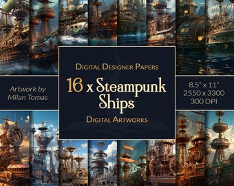 Steampunk-skepp digital konst: 16 fantasydokument (digital nedladdning)