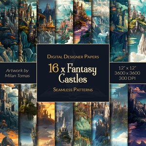 Pacchetto di modelli senza cuciture di castelli fantasy / Set di 16 carte digitali / Carta per album / Diari spazzatura / Artigianato fai da te