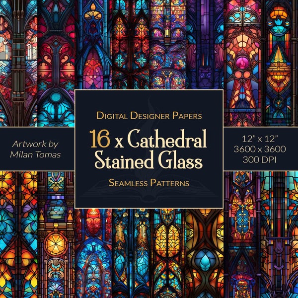 Cathedral Stained Glass Seamless Patterns Pack | Set of 16 Digital Papers | Scrapbook Paper | Junk Journals | DIY Crafts