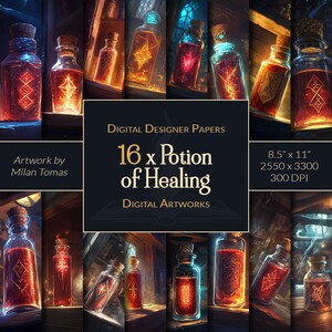 Könnte beinhalten: 16 digitale Papierdesigns mit leuchtenden roten Zaubertrankflaschen mit komplizierten Symbolen. Jede Flasche ist vor einem dunklen Hintergrund mit einem Holzregal platziert. Der Text "16 x Heiltrank" wird in der Mitte des Bildes angezeigt.