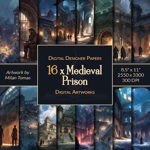 Puede incluir: Una colección de obras de arte digitales titulada "16 x Prisión Medieval" de Milan Tomas. La imagen muestra múltiples impresiones de arte digital de escenas de prisiones medievales, con detalles arquitectónicos, figuras e iluminación atmosférica. Cada impresión mide 21,6 cm x 27,9 cm a 300 DPI.