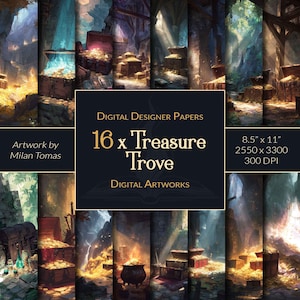 Pack d'oeuvres d'art numériques Le Coffre au trésor | Ensemble de 16 papiers numériques | Papier pour scrapbooking | Journaux indésirables | Bricolage